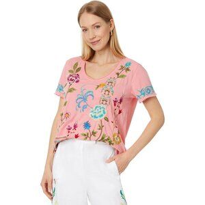 Johnny Was Sheri Everyday Tee Short Sunset Pink Embroidery Floral Shirt Top S NW
